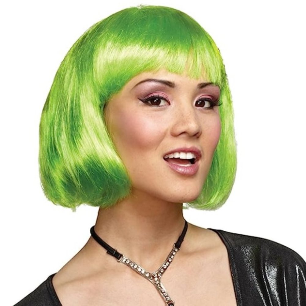 Womens Adult Teen Girls NEON Green Bob Wig Hair Costume Short Mardi Gras NEW